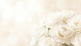 Bouquet of elegant white roses on soft ivory background. Delicate petals, luxurious creamy hue, refined atmosphere perfect for weddings, celebrations, romantic themes. Gentle bokeh adds subtle charm.