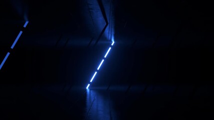 Poster - Sequentially activating blue neon lights gradually illuminating dark, wet empty room, generating futuristic architectural atmosphere with vibrant geometric energy and digital visual ambiance
