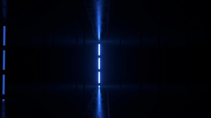 Poster - Vertical blue neon lights pulsating rhythmically in empty dark room, creating mesmerizing pattern with reflective shiny floor surface illuminating mysterious technological atmosphere