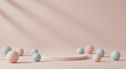 Poster - Pastel Platform Display with Spheres on Light Pink Background