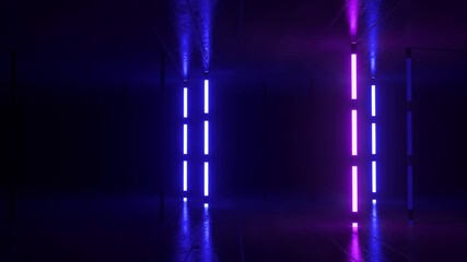 Poster - Neon illumination pulsing through dark empty room, generating vibrant energy with rhythmic color transitions in futuristic purple, blue, and pink light patterns