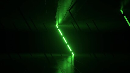 Poster - Green neon illumination casting vibrant, geometric patterns across reflective dark floor, creating futuristic, otherworldly interior atmosphere with mesmerizing visual energy