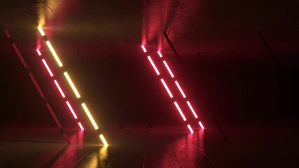 Poster - Neon illumination pulsing in synchronized rhythm across dark reflective surfaces, creating vibrant pink and yellow color waves within minimalist architectural space