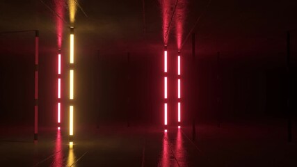 Poster - Colorful neon lights create a vibrant atmosphere in an empty room, their reflections dancing on the polished floor as they turn on and off in a captivating sequence