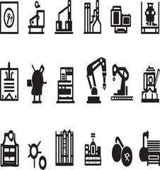 Fototapete - Collection of black and white industrial icons representing manufacturing and automation processes and machinery