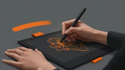 Poster - Woman drawing on digital tablet with stylus pen. Artist creating sketch online. Modern graphic design and creative work process footage.