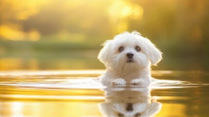 Wall Mural - small white dog stands in water against golden sunset