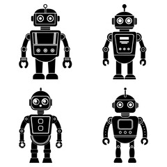 Poster - Four black and white cartoon robots with different designs and shapes standing in a square arrangement