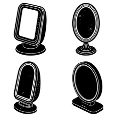 Poster - Illustration of four standing mirrors with varying shapes and designs in black and white style art