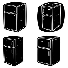 Poster - Four stylized black and white illustrations of retro refrigerators with two doors in different styles