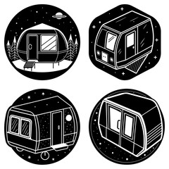 Poster - Illustration of four futuristic pod structures with circular and hexagonal backgrounds and star details