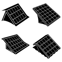 Poster - Four isometric solar panels on rooftops with grid patterns in black and white illustration style