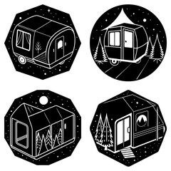 Poster - Four stylized black and white camping trailer icons with trees and stars in various geometric shapes