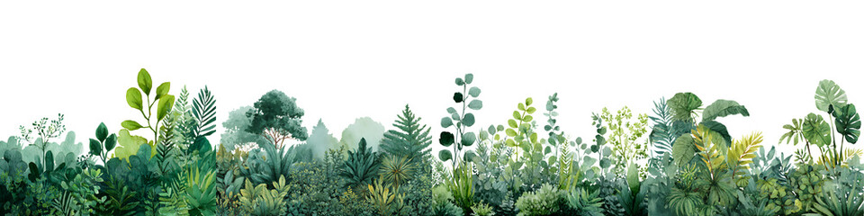 Watercolor Seamless Border of Lush Green Plants and Foliage