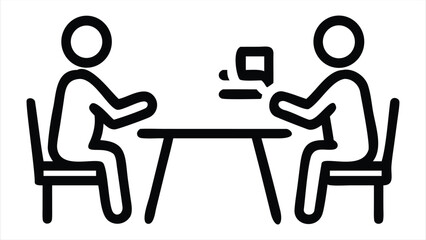 Poster - Two stick figures seated at a table with a laptop symbolize a meeting, interview, or collaborative discussion in a simple line art style. ideal for use in communication apps, messaging platforms