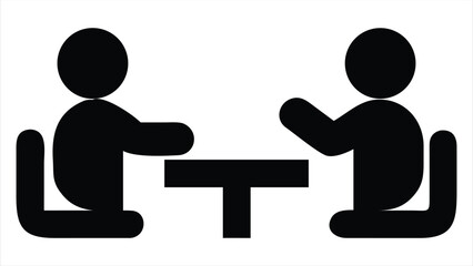 Poster - Two stylized silhouetted figures seated at a table engaged in discussion or meeting, symbolizing conversation and collaboration. ideal for use in communication apps, messaging platforms, customer supp
