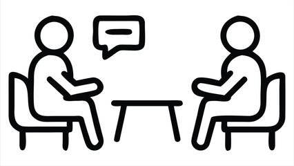 Poster - Two people sitting in chairs facing each other across a table engaged in conversation with a speech bubble indicating communication. ideal for use in communication apps, messaging platforms