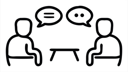 Poster - Two people in a simple line drawing are engaged in conversation, with speech bubbles above their heads indicating communication and dialogue. ideal for use in communication apps, messaging platforms, 