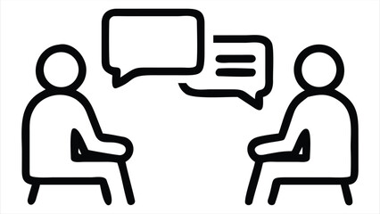 Poster - Two abstract figures engaged in a conversation represented by speech bubbles conveying dialogue and communication in a simple, clean line art style. ideal for use in communication apps, messaging