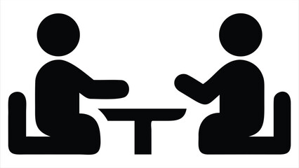 Poster - Two silhouetted figures sitting across from each other at a table, representing a meeting or conversation. ideal for use in communication apps, messaging platforms
