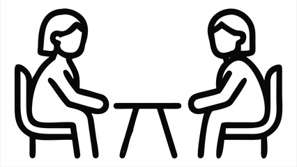 Poster - Two people sitting at a table having a conversation, a simple line drawing representing a meeting or discussion. ideal for use in communication apps, messaging platforms, customer support interfaces