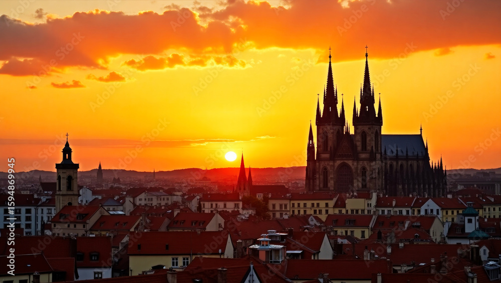 Aerial view of a breathtaking sunset over a historic European city ...