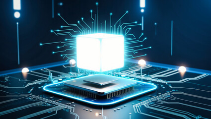 Poster - A futuristic, high tech scene featuring a central glowing cube, suspended above a circuit platform. Artificial intelligence and advanced technology concept.