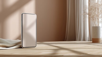 Poster - Modern smartphone placed on a wooden table with natural light and soft shadows in a minimalist room setting