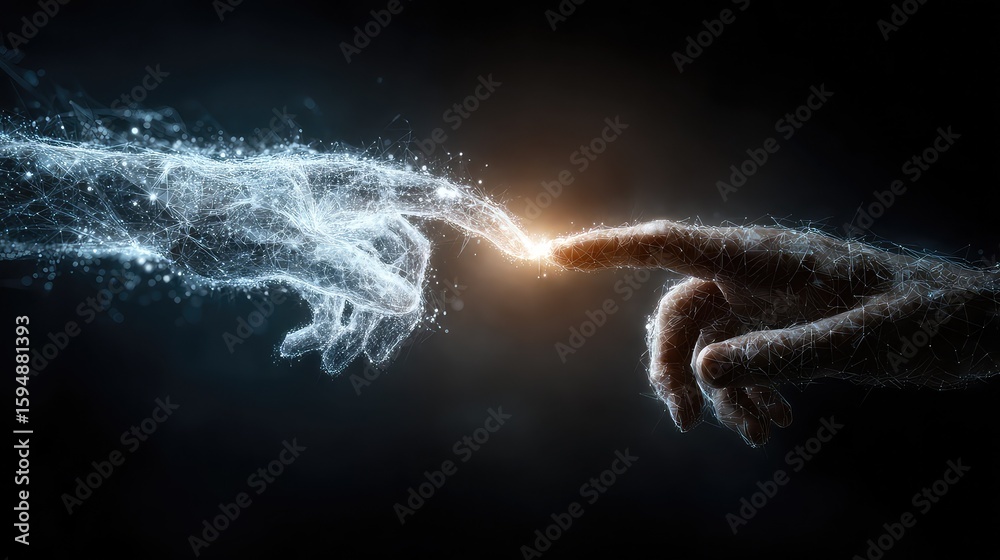 Glowing digital interface shows AI and human hand reaching toward ...