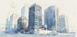 © Maryna - Urban architecture sketch modern high-rise buildings, conceptual draft for city development project. Blue watercolor tones, linework define towers, commercial property, residential complexes,