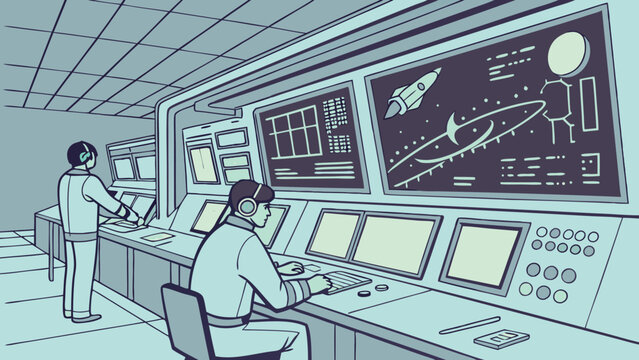 Two men in a control room with monitors displaying space related graphics and data analysis panels