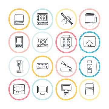 A collection of hand-drawn illustrations of electronic devices, arranged in circular frames with colorful borders, showcasing various technologies.