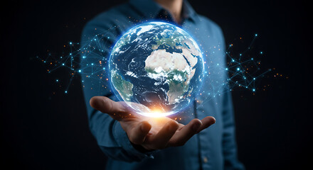 Wall Mural - Hand gently holding a glowing Earth surrounded by network lines, portraying global communication and environmental awareness