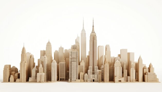 3D low poly illustration of New York City skyline in beige, gold colors. Geometric skyscrapers, buildings rendered with modern urban architecture. Simple minimalist design with detailed polygonal