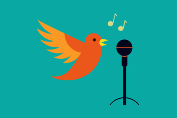 singing bird vector illustration on a tree branch, a cute animal in nature