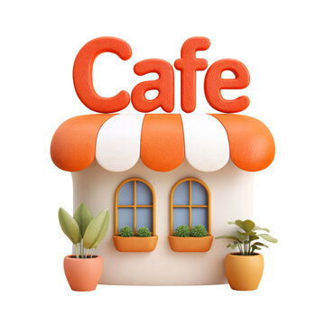 Cute 3d rendered cafe building with text sign. Small shop facade with awning and colorful pots. Retail store icon on transparent background.