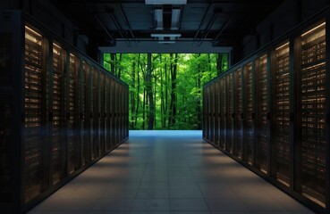 Poster - Modern data center hallway filled with server racks juxtaposed against vibrant green forest. Technology infrastructure meets nature, symbolizing sustainable computing, eco-friendly digital innovation.