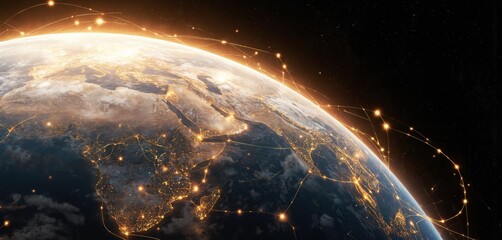 Poster - Illustration of Earth shows glowing interconnected network lines across continents. Global connection concept visualized through digital data transfer, communication, and cyberspace links.