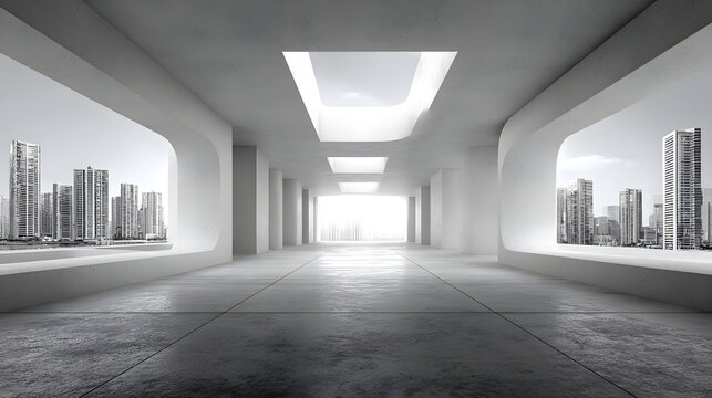 3d illustration of abstract modern architecture background, Minimal geometry architectural design, Car presentation backdrop with empty concrete floor, Geometric white blocks building design