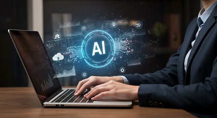 A person in a suit working on a laptop, visualizing artificial intelligence and data clouds.