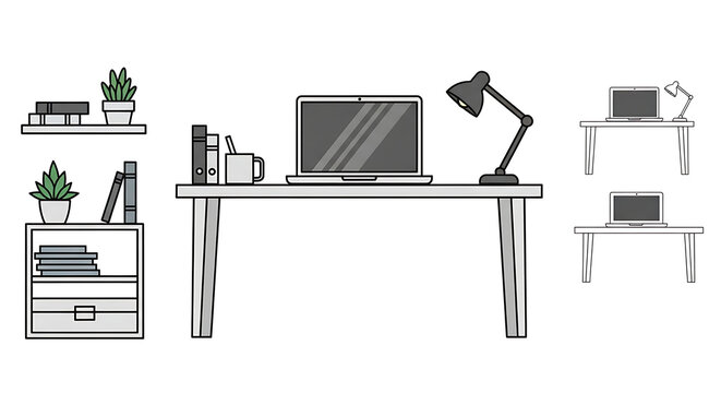 Illustration of a desk with a laptop lamp books and plants in a minimalist style on a white background ai genrated