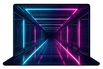 Poster - Neon-lit futuristic tunnel glowing brightly, reflecting on sleek laptop screen with translucent digital backdrop