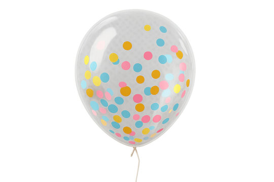 Transparent balloon carrying vibrant confetti, drifting against clear backdrop, enhancing festive event graphics and celebratory visual communication