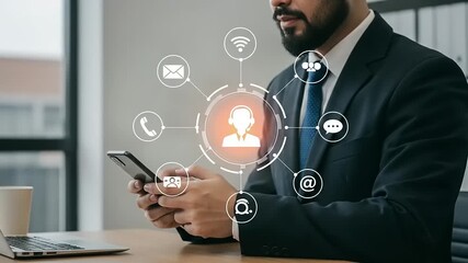 Man in suit using phone surrounded by digital icons representing communication network connectivity and information sharing in a modern office