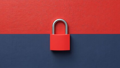 Poster - Red padlock on split red, blue background symbolizes security, protection. Ideal for concepts of privacy, trust, digital safety. Strong visual representation of access control, data encryption.