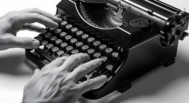 Close-up of hands typing on vintage black typewriter with round keys and mechanical design in black and white style for nostalgic office or writing concept