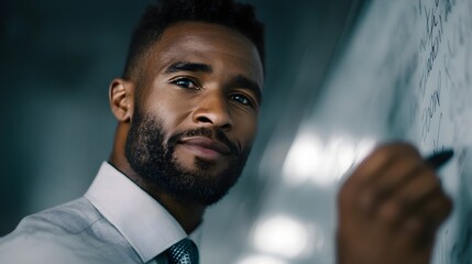 Poster - Focused businessman presenting investment strategy on whiteboard