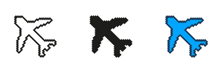 Fototapete - Pixel Art Airplane Icon Set. Pixelated Plane, Symbol Of Flight Or Travel. Air Transportation. Isolated Vector Illustration