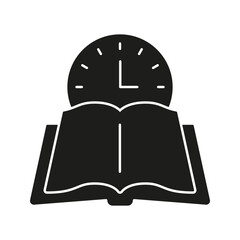 Poster - Open Book With Clock Solid Icon. Time Management, Study Planning, And Learning Schedule Silhouette Symbol. Educational Efficiency. Isolated Vector Illustration