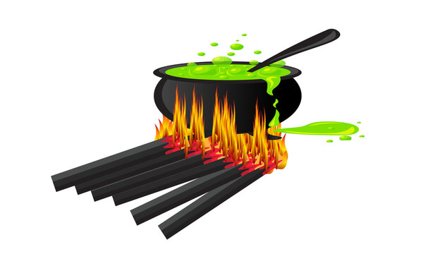 A black cauldron sits over a fire, filled with bubbling green liquid. Several wooden logs underneath are ablaze, creating flames that lick the cauldron's base